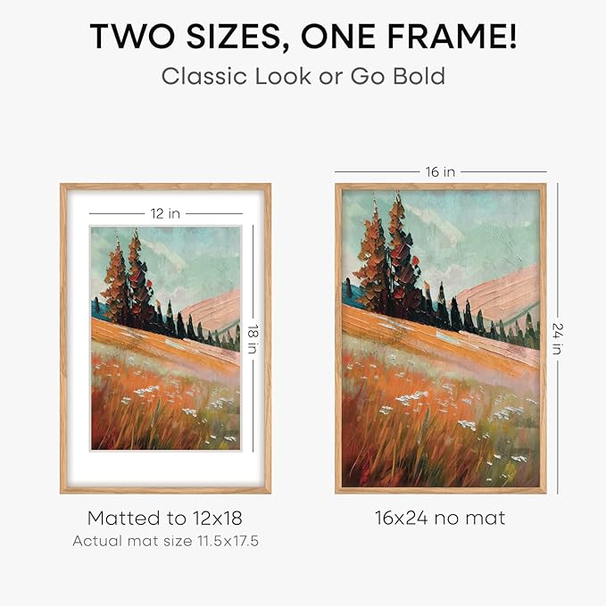 Homeforia Picture 16x24 Wood Frame, High End Natural Oak 16x24 Light Wooden Poster Frame with Mat 12x18, 16 x 24 Frames Matted to 12 x 18 Photo, 24x16 Hanging Frame, Tempered Glass, Wall Kit, Set of 3