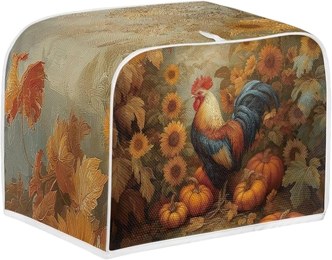 UNICEU Fall Toaster Cover 2 Slice Rooster Pumpkin Sunflower Print Stain Resistant Dust Proof Cover for Bread Maker Washable Kitchen Small Appliance Covers