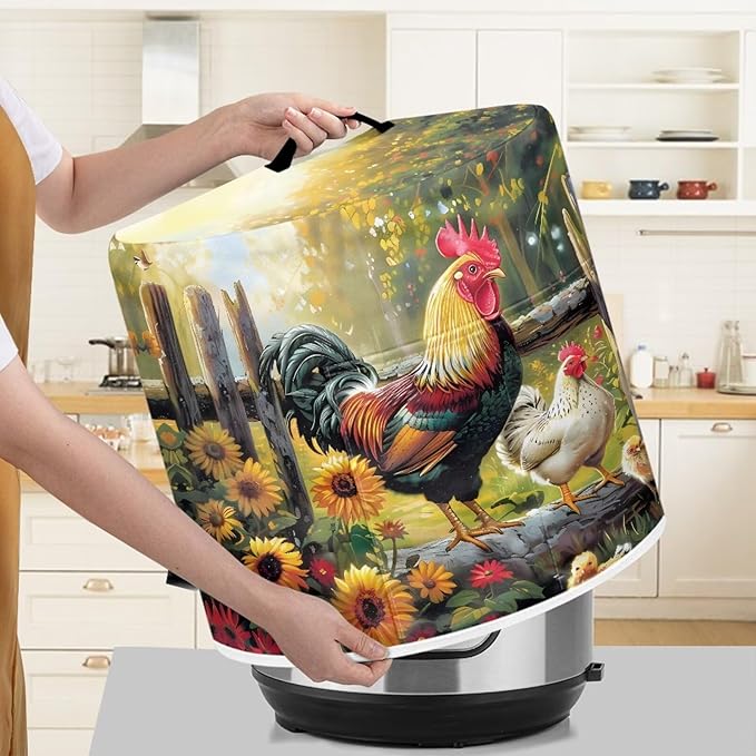 Small Appliance Covers for 6 Quart Air Fryer & Pressure Cooker Air Fryer Cover Dust Cover, Easy to Clean Kitchen Appliance Accessories with Pockets, Rooster Flower