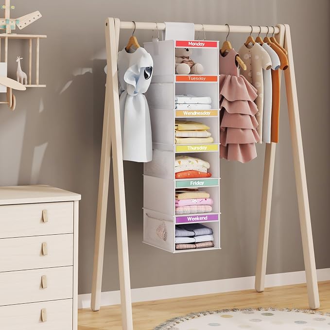 Fixwal Weekly Kids Clothes Organizer 2 Pack 6-Shelf Hanging Storage | Nonwoven - Image 3