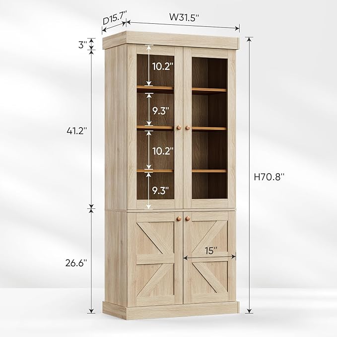 Vyre 71" Tall Farmhouse Kitchen Pantry, Set of 4 Large Storage Cabinets with Glass Doors, Adjustable Shelves, Wood Versatile Hutch Cabinet for Living Room, Dining Room, Brown