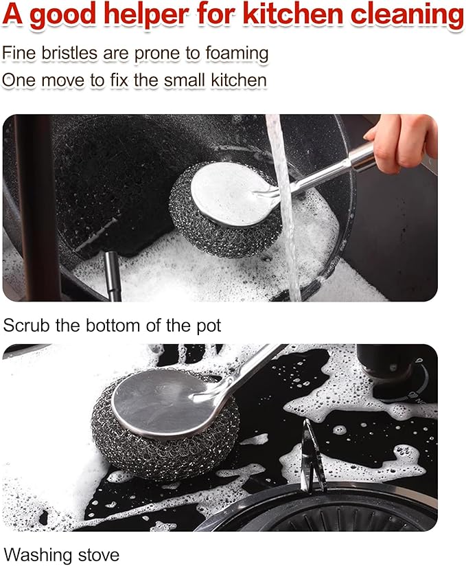 5Pcs Steel Wool Scrubber, Stainless Steel Scrubber Set with Long & Short Handle & 3Pcs Pads, Metal Scrubbers for Cleaning Kitchen,Household,Dishes,Wash Sink,Pots,Pans,Cast Iron,Grills,Stoves