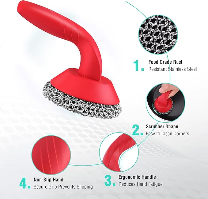 HAUSHOF Cast Iron Scrubber with Long Handle, Chainmail Scrubber Cast Iron Cleaner for Pan, Kitchen Cleaning Kit for Grill, Dutch, Oven
