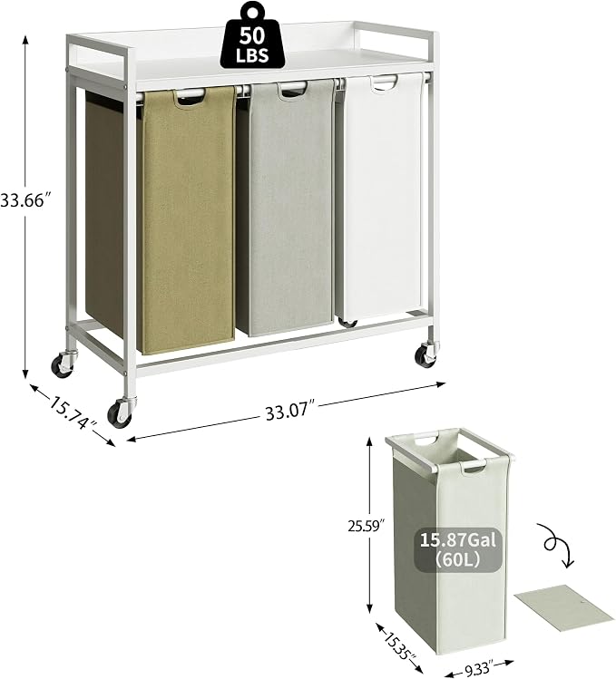 Herture Laundry Hampers with Shelf, Laundry Basket 3 Section, Laundry Sorter - Image 4