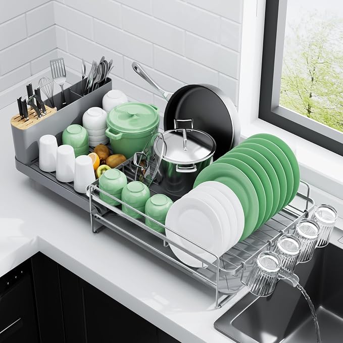 Kitsure Extendable Large Dish Drying Rack, 18.2"-25.7" L x 12.9" W, Sliver | by Kitsure