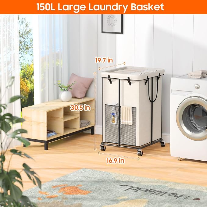 Laundry Hamper with Wheels, 150L Rolling Laundry Basket with Bag & Handles - Image 2