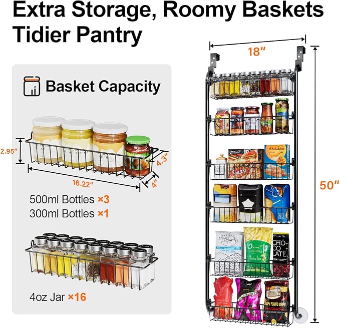 Delamu Over the Door Pantry Organizer, 6-Tier Metal Pantry Door Organization - Image 3