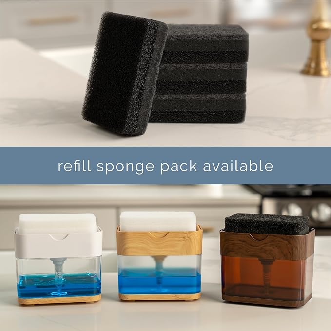 S&T INC. Dish Soap Dispenser and Sponge Holder, Plastic Walnut and Amber | - Image 7