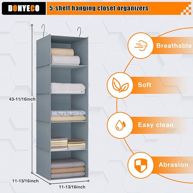 Hanging Closet Organizer 5-Shelf, Oxford Fabric Wardrobe Storage, shoes & - Image 3