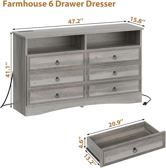 Grey 6 Drawer Dresser for Bedroom with LED Lights and Charging Station, Wood 6 Chest Drawers, Large Storage for Clothes, for Living Room, Bedroom, Hallway, Taupe Grey