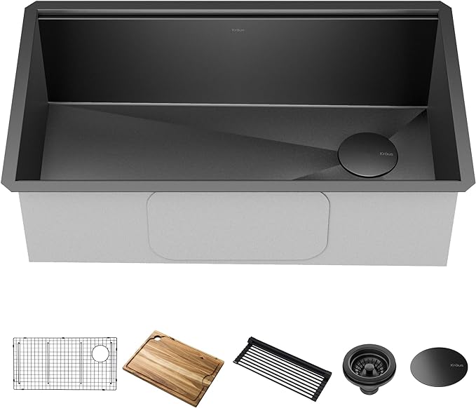 KRAUS Kore Workstation 32-inch Undermount 16 Gauge Black Stainless Steel Single Bowl Kitchen Sink in PVD Gunmetal Finish with Accessories, KWU110-32/PGM