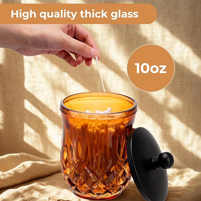 10Oz Amber Q-Tip Holder, Round Thick Glass & Zinc Alloy Lid - Image 5