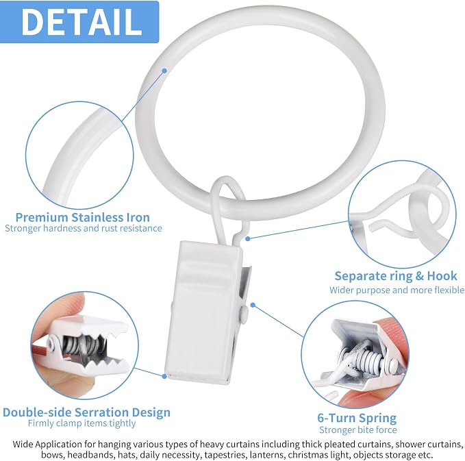 Curtain Rings with Clips, 42 Pack Metal Drapery Rings with Clips Hooks Hangers - Image 4