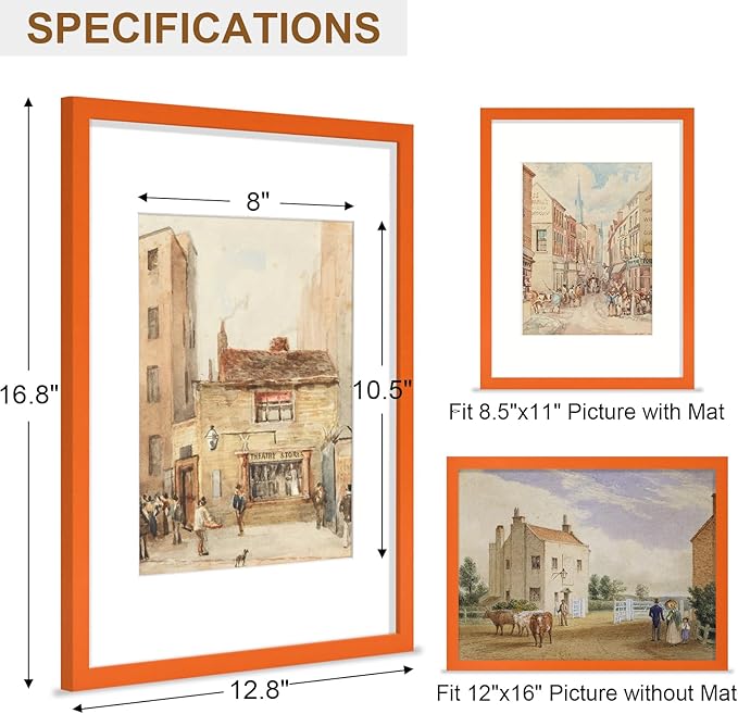 Vittanly 12x16 Picture Frame, Solid Wood Frame with Plexiglass, Includes 8.5x11 Mat, Wall Hanging for Photos, Home Decor, Orange, 1 Pack