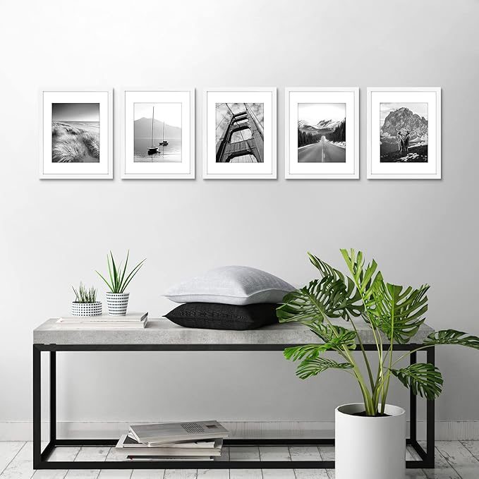 Americanflat 11x14 Picture Frame with Polished Plexiglass - Set of 5 - Use as 8x10 Frame with Mat or Display 11x14 Photo Without Mat - Galleria Collection - Picture Frames for Wall Display - White