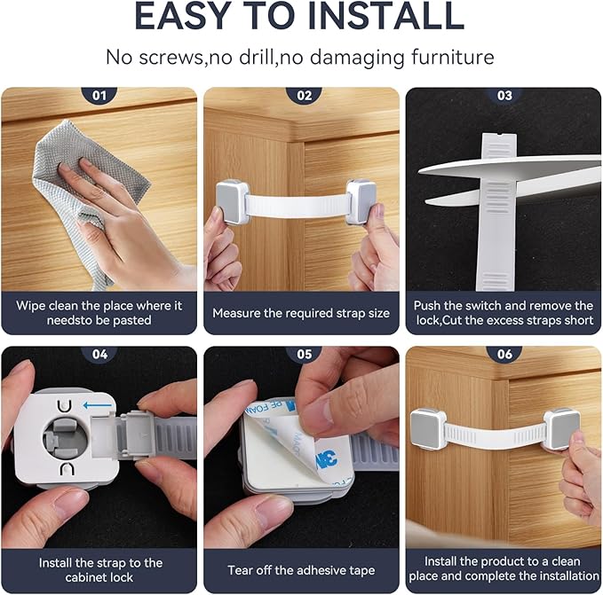 4 Pack Child Safety Cabinet Locks for Baby Proofing, Length Adjustable Latch Straps Dual Button Design for Drawers Fridge Refrigerator Doors Toilet Seat Oven (Grey, 4Pack)