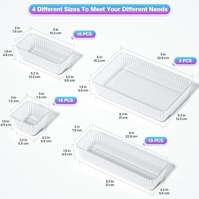 47 PCS Clear Plastic Drawer Organizer Set, Makeup Organizer Trays | 4-Size Desk - Image 2