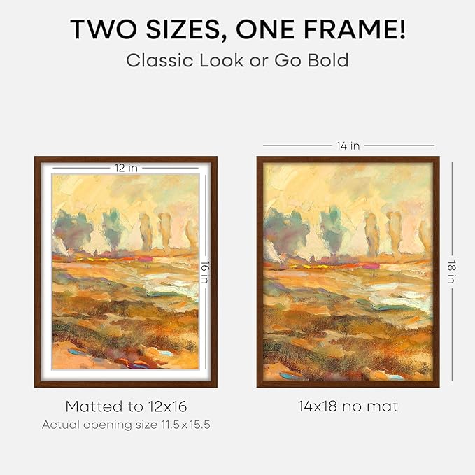 Homeforia 14x18 Picture Frame Brown, High End Dark Oak 14x18 Poster Wood Frame with Mat 12x16 for Photo, 14 x 18 Wooden Walnut Frame Matted to 12 x 16, 18x14 Frames, Tempered Glass, Wall Kit, Set of 1