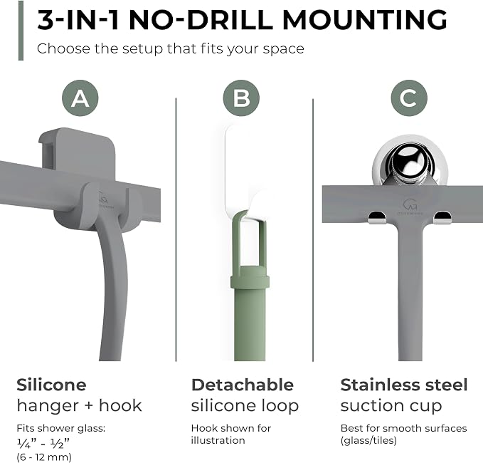 Silicone Shower Squeegee with 3-in-1 No-Drill Mount, Stainless Steel Core - Image 3