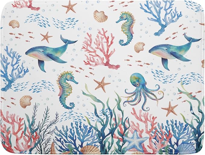 Giwawa Coastal Ocean Dish Drying Mat Seahorse Whales Drainer Rack Mats 18"x24" by Giwawa