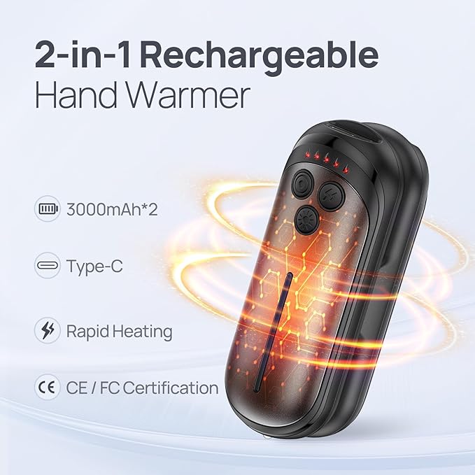 Rechargeable Hand Warmers 2 Pack, 6000mAh Electric Hand Warmer Rechargeable, 2 in 1 Portable Hand Warmers with AI Smart Chips, Outdoor, Hunting, Camping for Family for Christmas