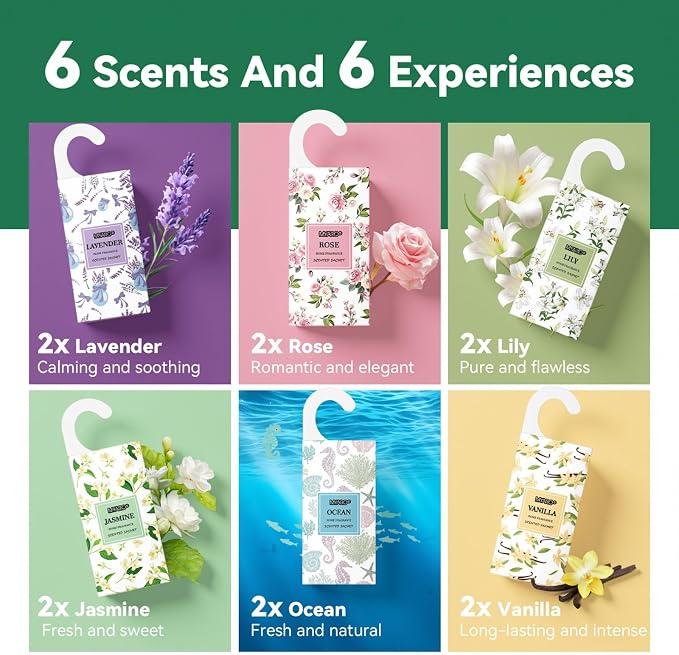 MYARO 12Pcs 6 Scented Sachets Hanging Car Air Freshener, Closet Deodorizer - Image 4