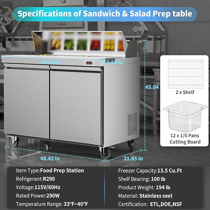 48’’ W Commercial Refrigerator Sandwich Salad Prep Table Refrigerators 2 Door with 12 Pans, Prep Station Fridge for Restaurant, Bars, Shops