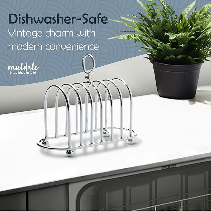 Muldale Toast Rack English Style - Victorian Chrome Holder for 6 Slices - Vintage Sturdy Stainless Steel Toast Stand with Ball Feet - British Caddy - 0.5" Wide Gap