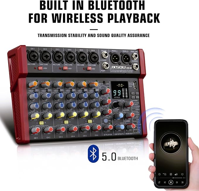 10-Channel Audio Mixer,DJ Mixer, Sound Board Console with 99 DSP Effects, Bluetooth Mixer Input 48V Phantom Power Stereo USB XLR Mixer For Karaoke Studio PC Recording