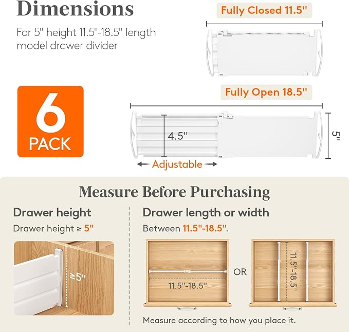 Lifewit 5" Tall Drawer Dividers, Adjustable Deep Drawer Organizer Clothes | - Image 2