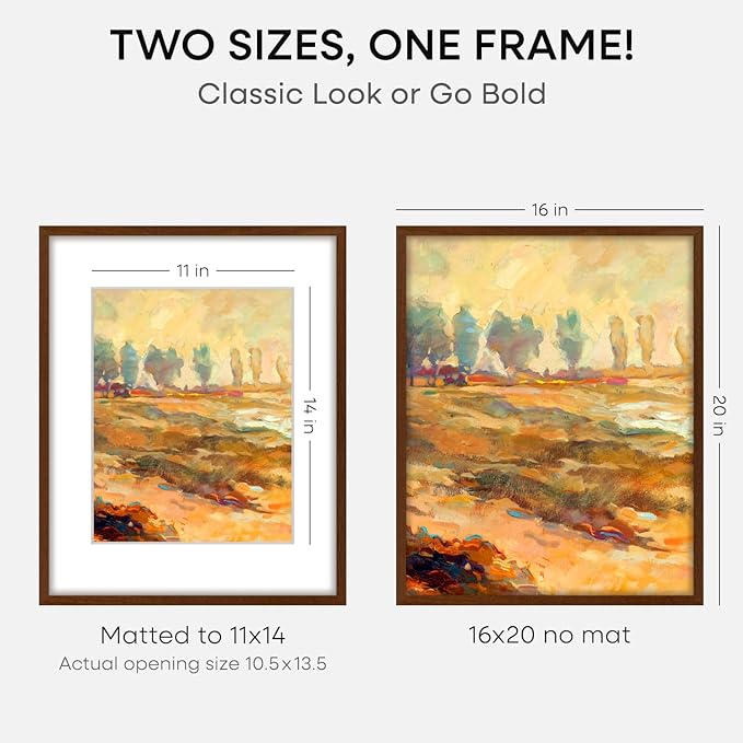 Homeforia 16x20 Picture Walnut Frame, High End Dark Oak 16x20 Wooden Brown Frames with Mat 11x14, 16 x 20 Wood Poster Frame Matted to 11 by 14, 20x16 Hanging Frames, Tempered Glass, Wall Kit, Set of 3