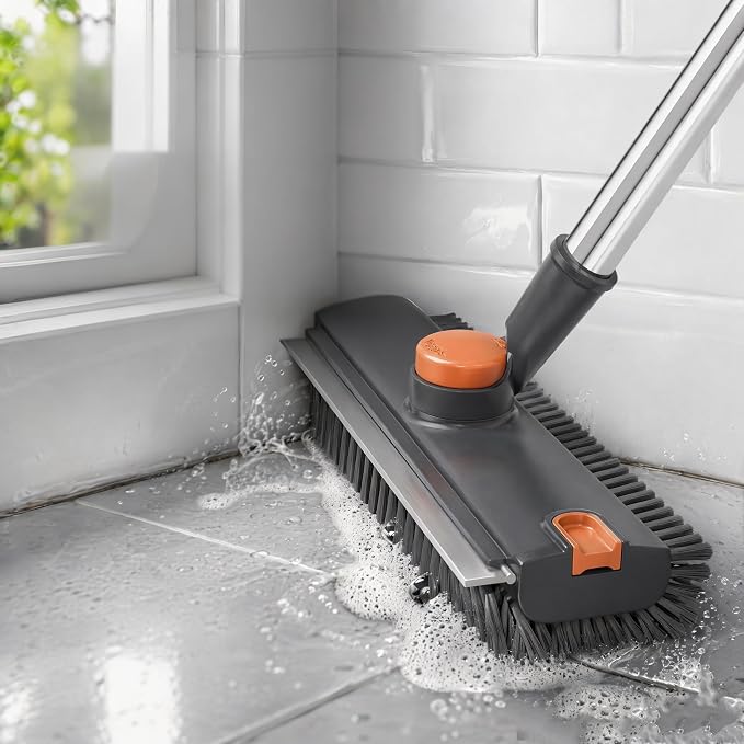 3-in-1 Floor Scrub Brush with Long Handle, Rotating Head Squeegee & Tweezer | - Image 2