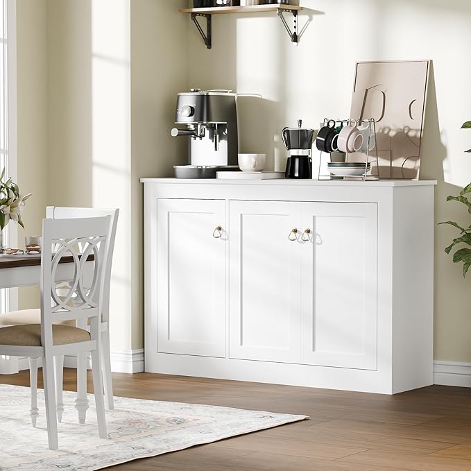 Cozy Castle Buffet Cabinet with Storage - Kitchen Storage Cabinet Wood Console Table Coffee Bar Accent Cabinets for Living Room Dining Room Entryway White 44.5" W