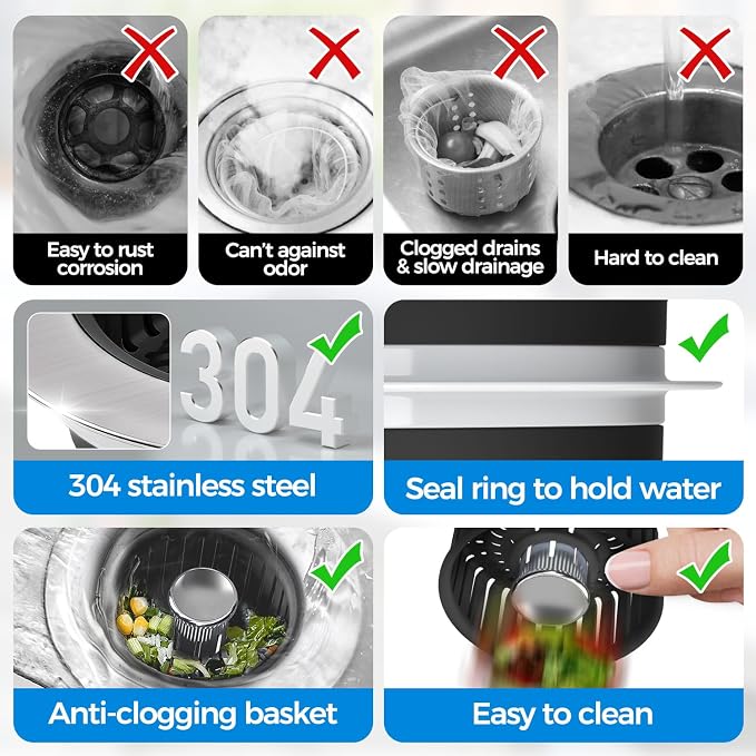 zaa 3 in 1 Kitchen Sink Drain Strainer Stopper Removable Basket Pop-Up - Image 7