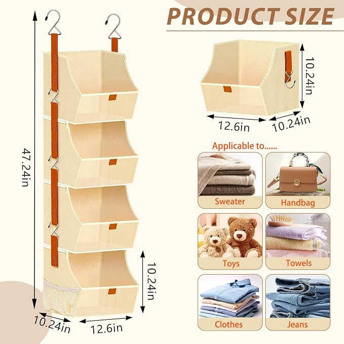 Fabric Hanging Closet Clothes Organizers and Storage Detachable 4 Tier | - Image 2