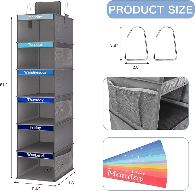 Fixwal Weekly Kids Clothes Organizer 2 Pack 6-Shelf Hanging Storage | Nonwoven - Image 2