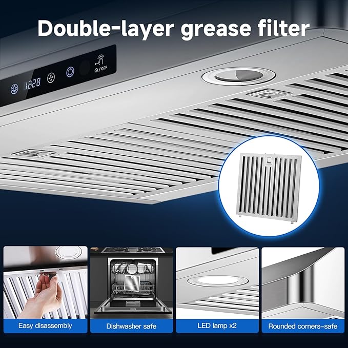 AMZCHEF 30" Under Cabinet Range Hood with Dual Fans System-1050CFM Ultra-Powerful Ventilation,3 Speed Stainless Steel Kitchen Hood with Touch/Remote/Gesture Control, Timer & LED Lights, Baffle Filters