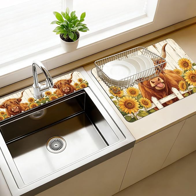 3 Pcs 2 Size Kitchen Sink Splash Guard Faucet Mat Highland Cow Pattern Faucet by CONCHLERY%E6%97%97%E8%88%B0%E5%BA%97