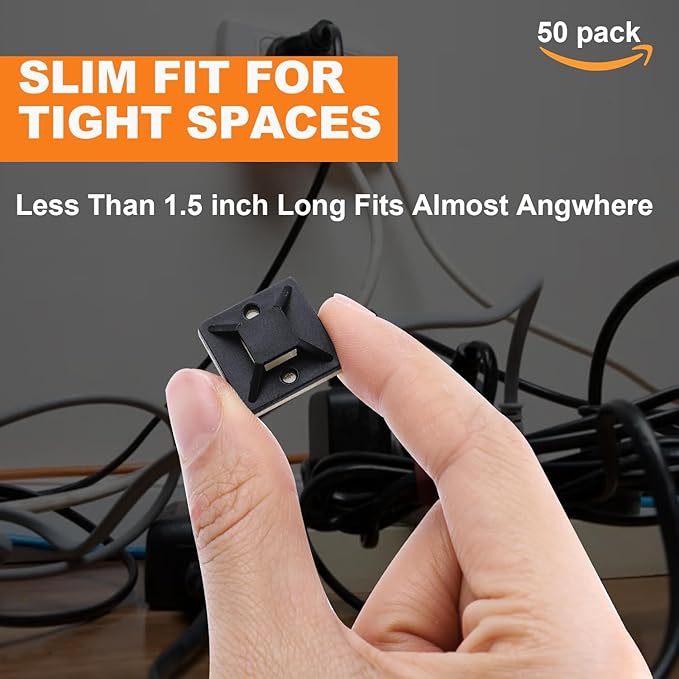 50 Pack 1.5 inch Zip Tie Adhesive Mounts Self Adhesive Cable Tie Base Holders with Multi-Purpose Tie wire clips with screw hole,Anchor stick on wire holder with 8 inch zip ties（Black）
