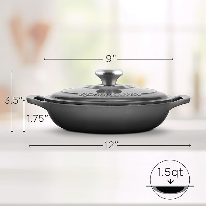 Signature Enameled Cast Iron Braiser, Non-Stick Serving Pot with Tight Fitting Lid for Perfect Roasting, Baking, Sauteing, Searing, and Pan Frying | 1.5Q (1.4L) - Oyster Grey