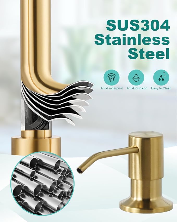 Kitchen Sink Faucet with Soap Dispenser: Brushed Gold Kitchen Faucets with Pull - Image 8