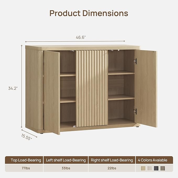 SICOTAS Buffet Cabinet with Storage Accent Sideboard with 3 Doors Modern 46.6" Wide Credenza Fluted Buffet Table Media Console Cabinet Entryway Cabinets for Living Room Kitchen Dining Room Hallway