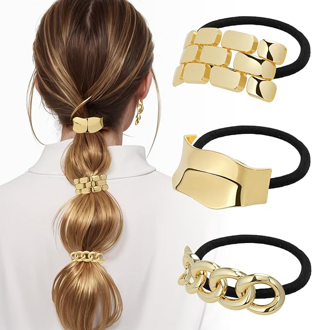 3PCS Metal Hair Tie For Women,Gold Cuffs,Metal Geometric Gold Hair Ties, Hair Accessories Stretchy and Non-Damage Ponytail Holders,Ponytail Cuff Hair Bands For Hair Styling (SET6)