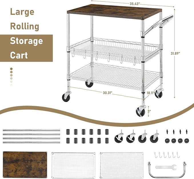 Rolling Kitchen Carts on Wheels With Storage,650Lbs Heavy Duty Metal Cart with Wheels,3 Tier Rolling Cart with Wooden Top,NSF Utility Cart with Handle for Food Cart Serving Carts,30.3"L*31.9"H*18.1"W