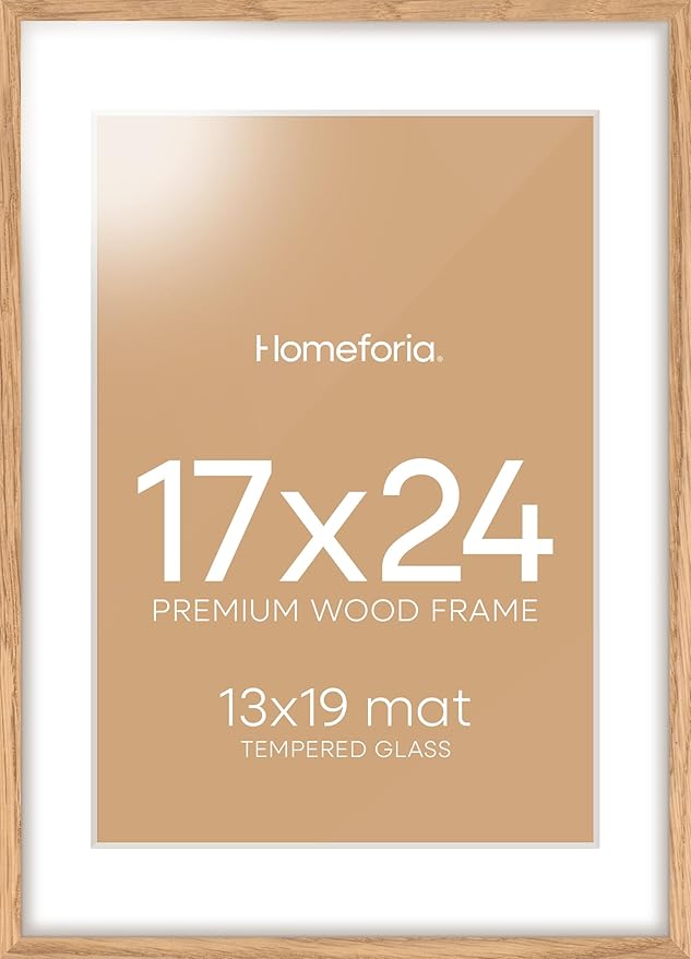 Homeforia 17x24 Picture Frame Natural Wood, High End Oak 17x24 Light Wooden Poster Frame with Mat 13x19, 17 x 24 Frames Matted to 13 x 19 Photo, 24x17 Hanging Frame, Tempered Glass, Wall Kit, Set of 1