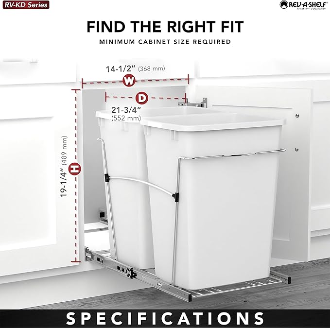 Rev-A-Shelf RV-18KD-1618C-S Double Pullout Trash Can for Kitchen Cabinets 35 Qt Garbage Recycling Bin on Full Extension Slides, Red/Black