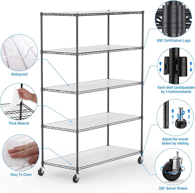 Wire Shelving Unit 5 Tier NSF Metal Shelf,6000lbs Capacity Heavy Duty Adjustable Storage Rack with Wheels & Shelf Liners for Commercial Grade Utility Steel Storage Rack, 82" H x 48" L x 24" D - Black