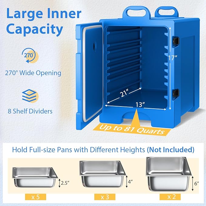 COSTWAY Catering Food Warmers, Hot Boxes Catering for 5 Full-Size Pan, 81 Quart Capacity, Stackable Design, Handles, Portable Insulated Food Carrier for Family Gathering, Canteen, Restaurant, Blue, 1
