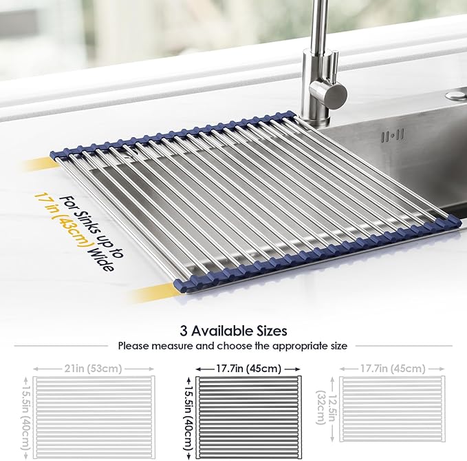 Tomorotec 17.7" x 15.5" Roll Up Dish Drying Rack Over Sink Drying Rack Sink Cover Kitchen Sink Accessories Gadget Multipurpose Organizer Foldable Stainless Steel Drainer