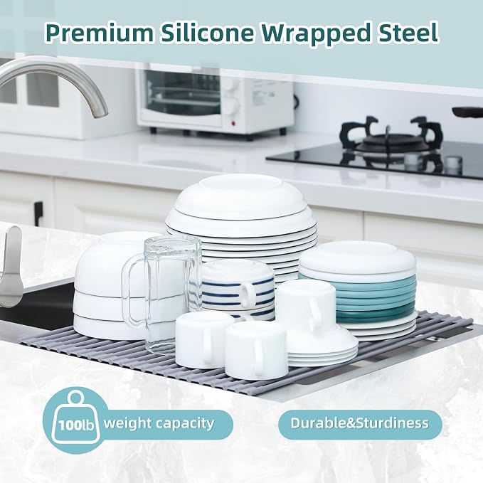 Ohuhu Over Sink Dish Drying Rack Silicone Wrapped 17.6" W x 15.4" L Large Over - Image 8